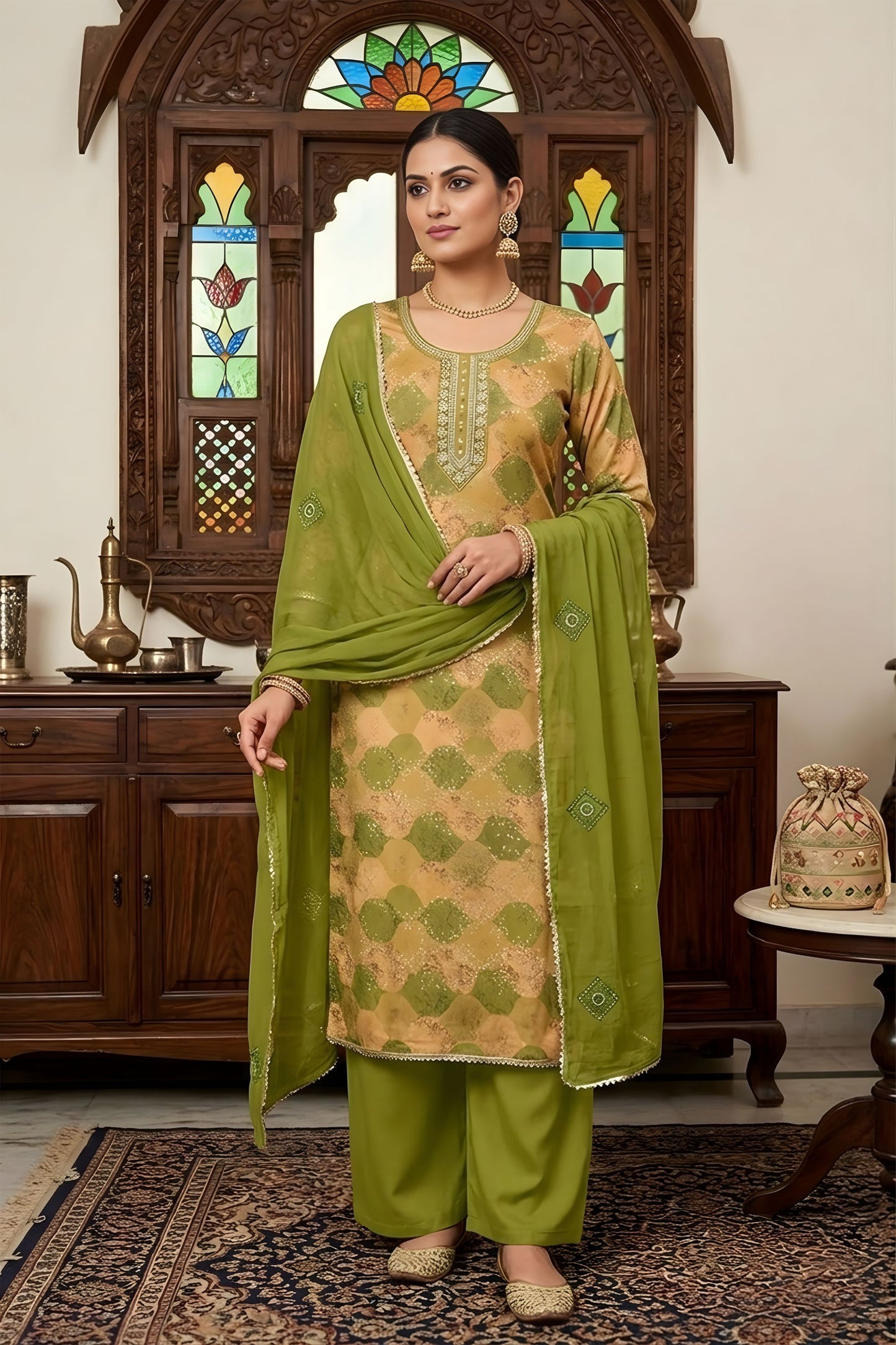 Stylish Olive Green Printed Muslin Straight Cut Digital Printed Salwar Suit Dupatta for Women