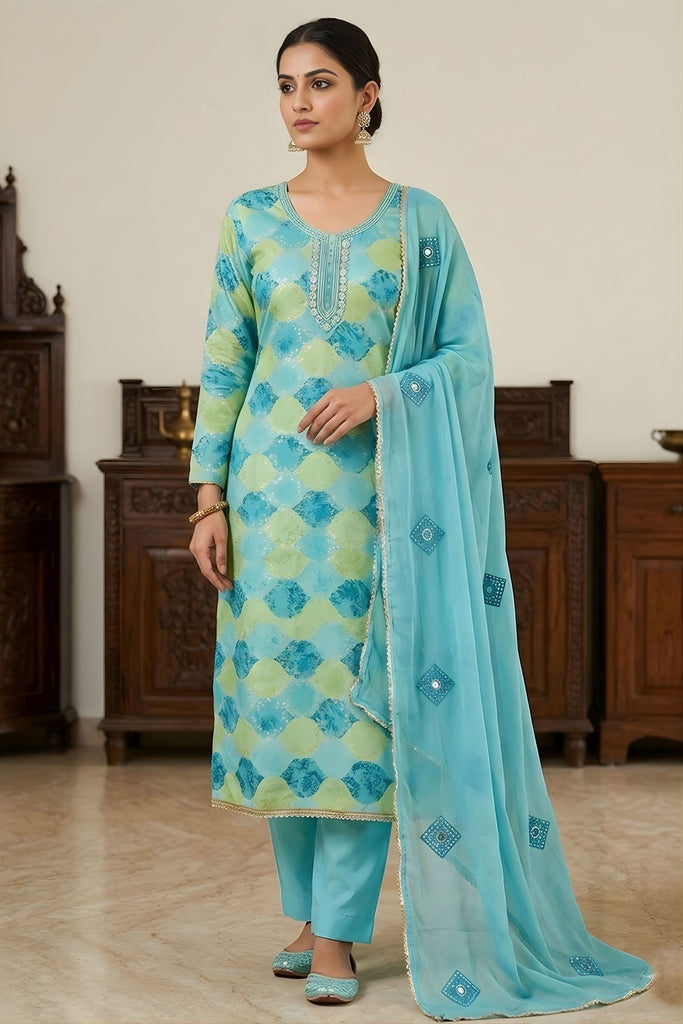 Impressive Aqua Blue Printed Muslin Straight Cut Digital Printed Suit Dupatta for Women