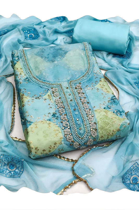 Impressive Aqua Blue Printed Muslin Straight Cut Digital Printed Suit Dupatta for Women