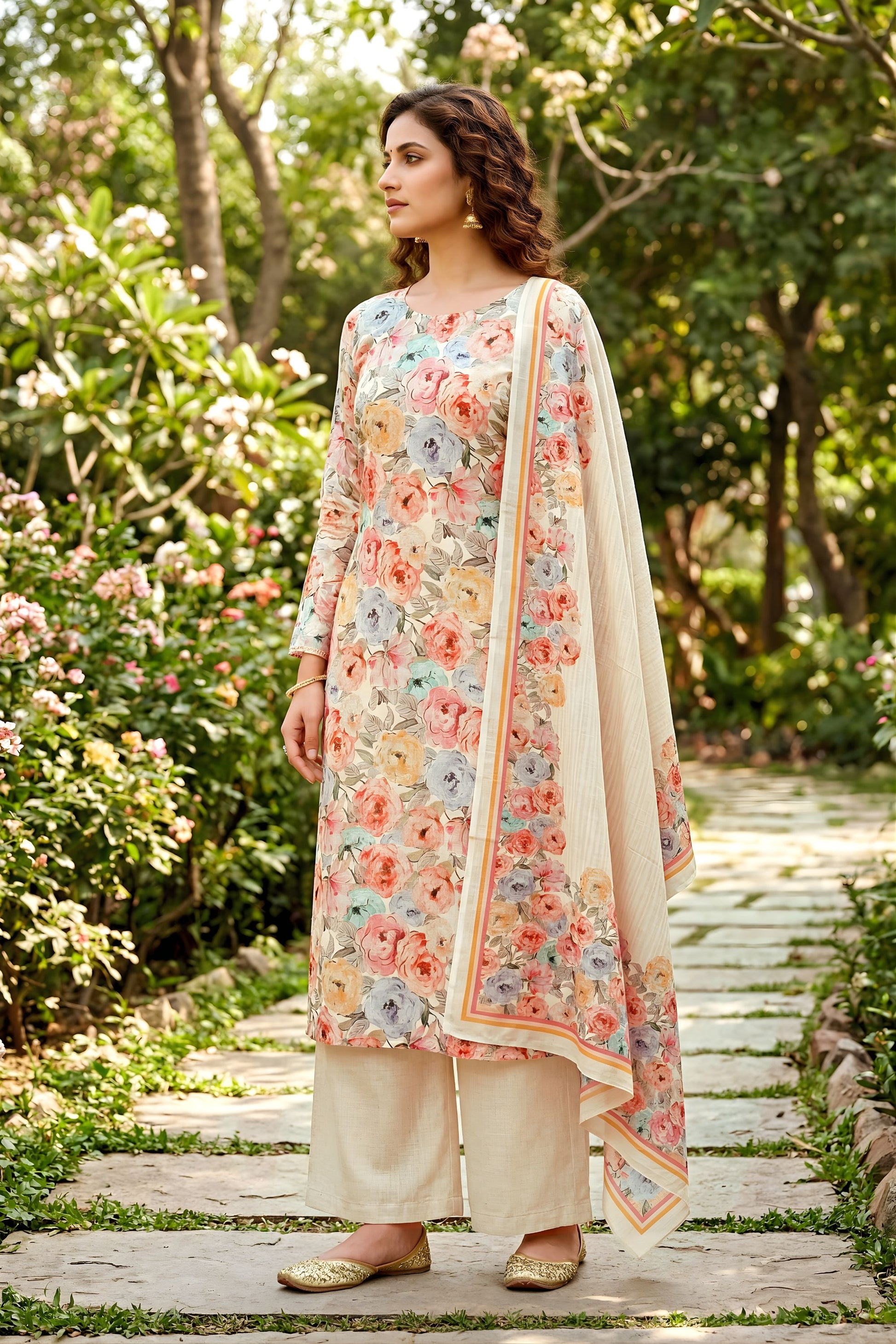 Stylish Beige Pure Cotton Digital Printed Work Straight Palazzo Suit With Dupatta