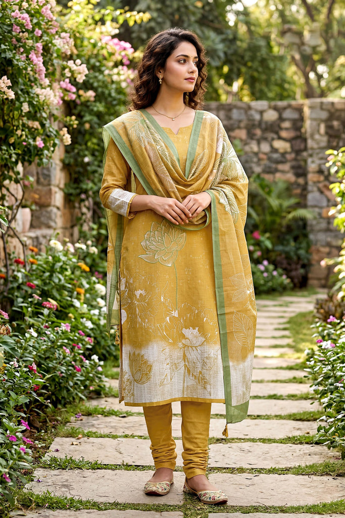 Premium Mustard Yellow Pure Cotton Digital Printed Work Straight Suit with Dupatta