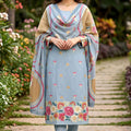 Royal Sky Blue Pure Cotton Digital Printed Work Straight Suit with Matching Dupatta