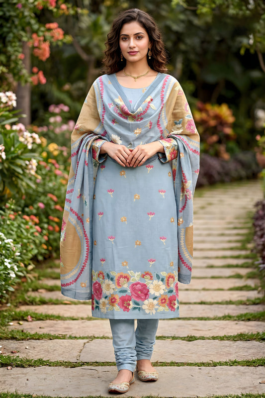 Royal Sky Blue Pure Cotton Digital Printed Work Straight Suit with Matching Dupatta