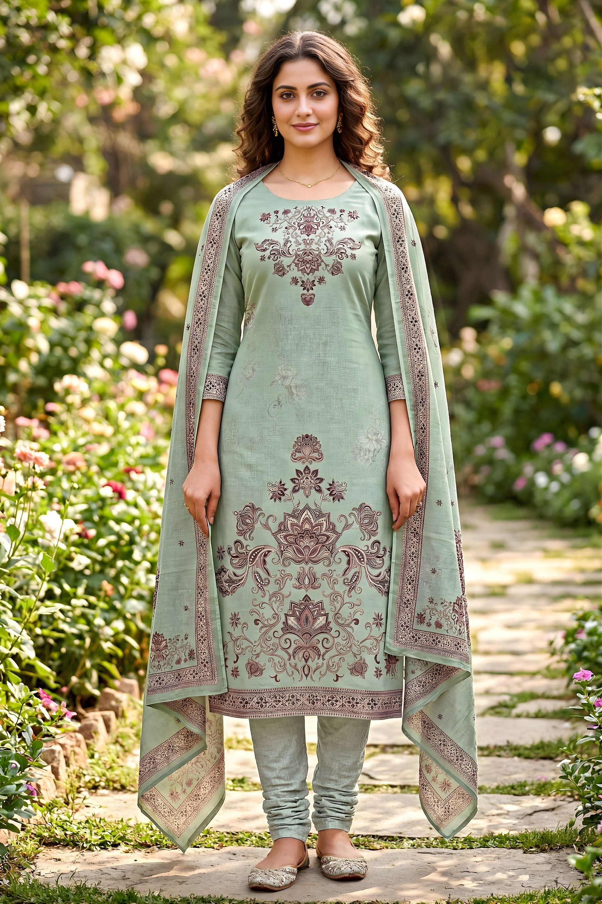 Designer Sage Green Pure Cotton Digital Printed Work Straight Suit with Dupatta