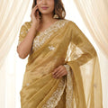 Elegant Golden Beige Fendy Satin Saree Designer Embroidery Work for Wedding