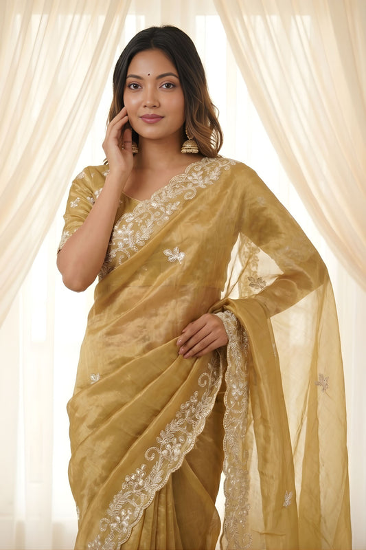 Elegant Golden Beige Fendy Satin Saree Designer Embroidery Work for Wedding