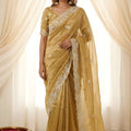 Elegant Golden Beige Fendy Satin Saree Designer Embroidery Work for Wedding