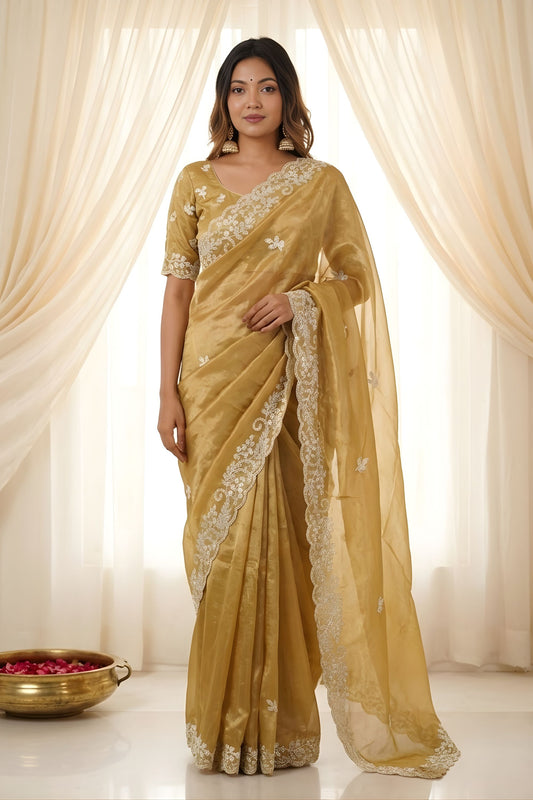 Elegant Golden Beige Fendy Satin Saree Designer Embroidery Work for Wedding