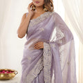 Stylish Lavender Fendy Satin Saree with Designer Embroidery Work for Wedding