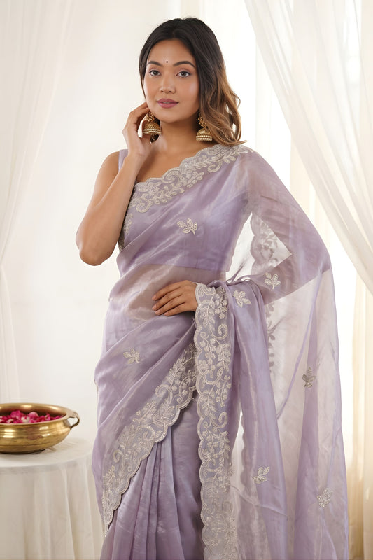 Stylish Lavender Fendy Satin Saree with Designer Embroidery Work for Wedding