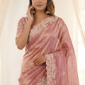 Beautiful Pink Fendy Satin Saree Designer Embroidery Work for Wedding