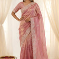 Beautiful Pink Fendy Satin Saree Designer Embroidery Work for Wedding
