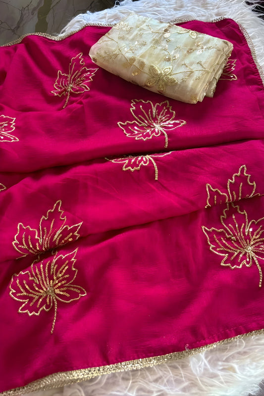 Beautiful Rani Pink Vichitra Silk Designer Embroidery Work Saree
