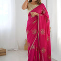 Beautiful Rani Pink Vichitra Silk Designer Embroidery Work Saree