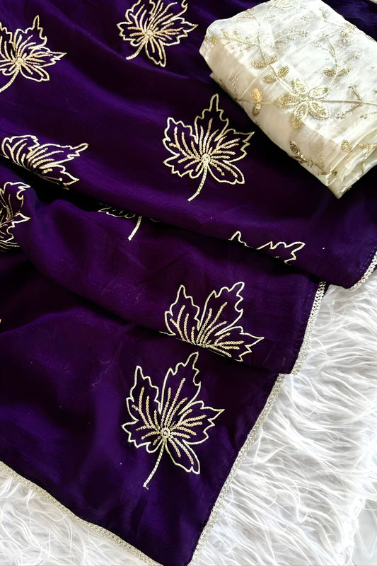 Stylish Purple Vichitra Silk Designer Embroidery Work Saree