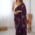 Stylish Purple Vichitra Silk Designer Embroidery Work Saree