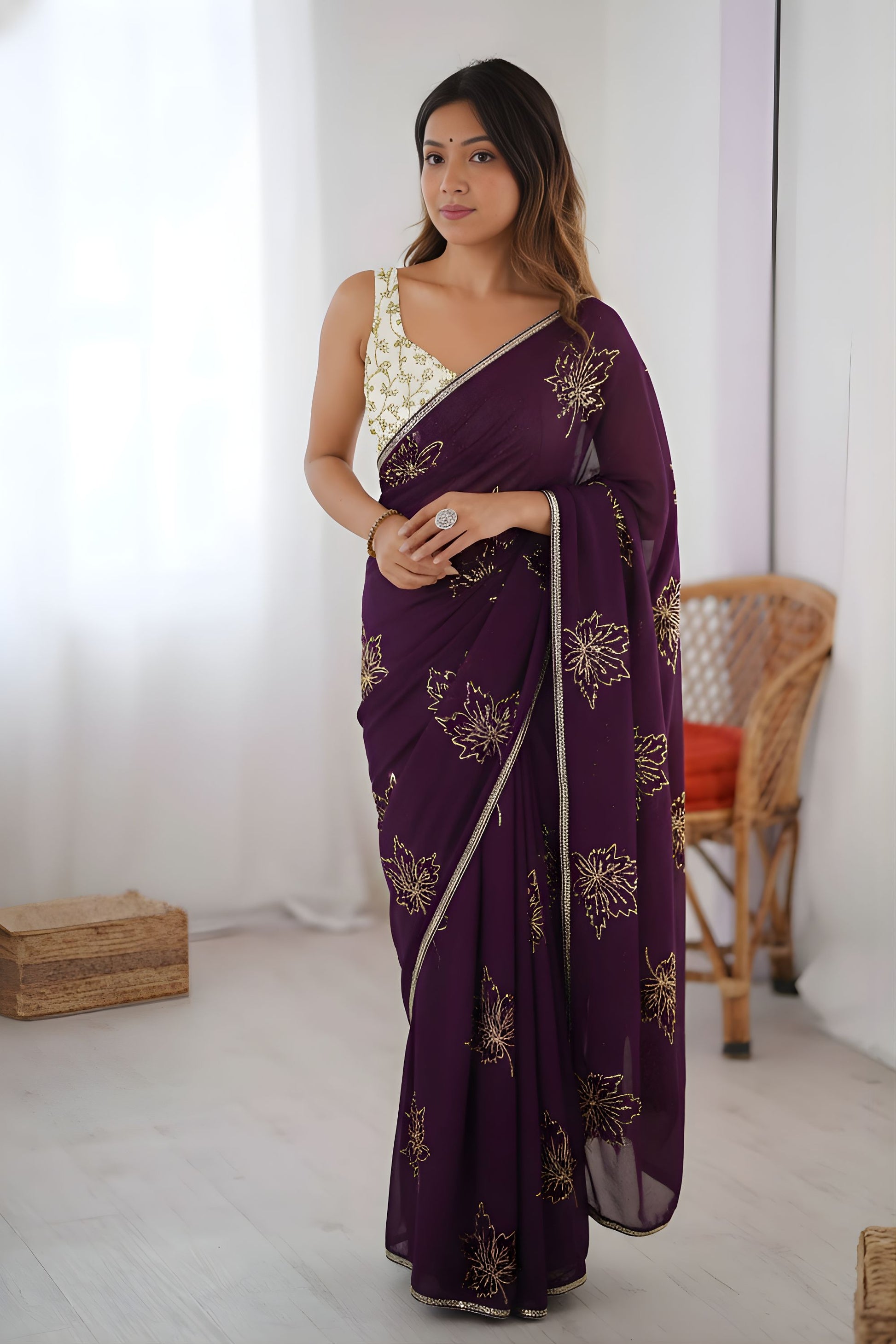 Stylish Purple Vichitra Silk Designer Embroidery Work Saree