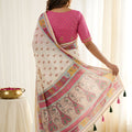 Stylish Off White Linen Silk Designer Digital Printed Hand Work Saree