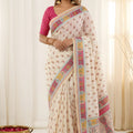 Stylish Off White Linen Silk Designer Digital Printed Hand Work Saree