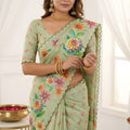 Gracefull Pista Green Linen Silk Designer Digital Printed Hand Work Saree