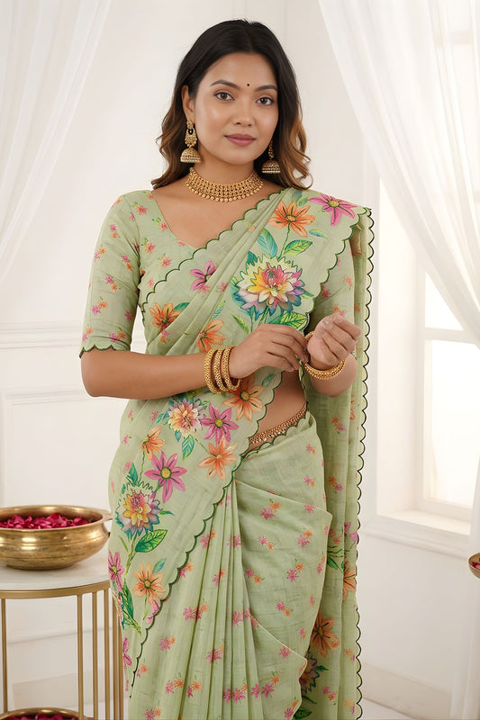 Gracefull Pista Green Linen Silk Designer Digital Printed Hand Work Saree