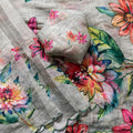 Gracefull Pista Green Linen Silk Designer Digital Printed Hand Work Saree