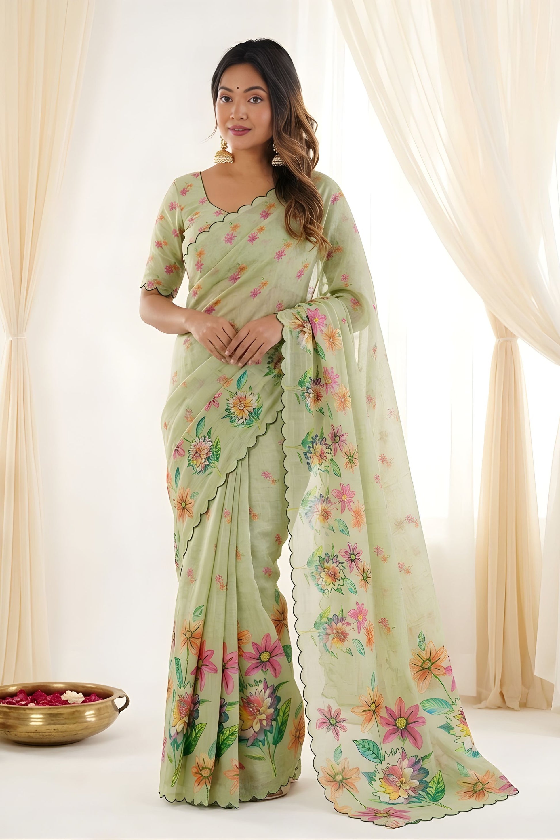 Gracefull Pista Green Linen Silk Designer Digital Printed Hand Work Saree