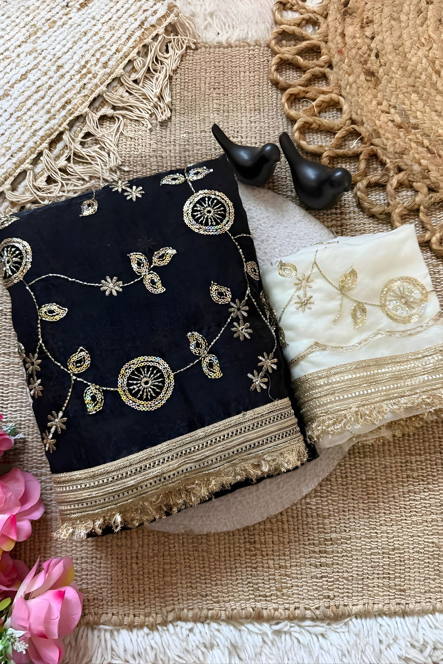 Luxury Black Fendy Satin Saree Heavy Embroidery Work Lace Border for Wedding
