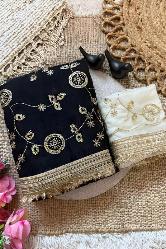 Luxury Black Fendy Satin Saree Heavy Embroidery Work Lace Border for Wedding