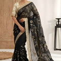 Luxury Black Fendy Satin Saree Heavy Embroidery Work Lace Border for Wedding