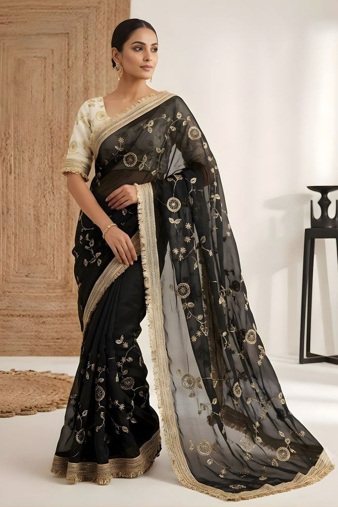 Luxury Black Fendy Satin Saree Heavy Embroidery Work Lace Border for Wedding