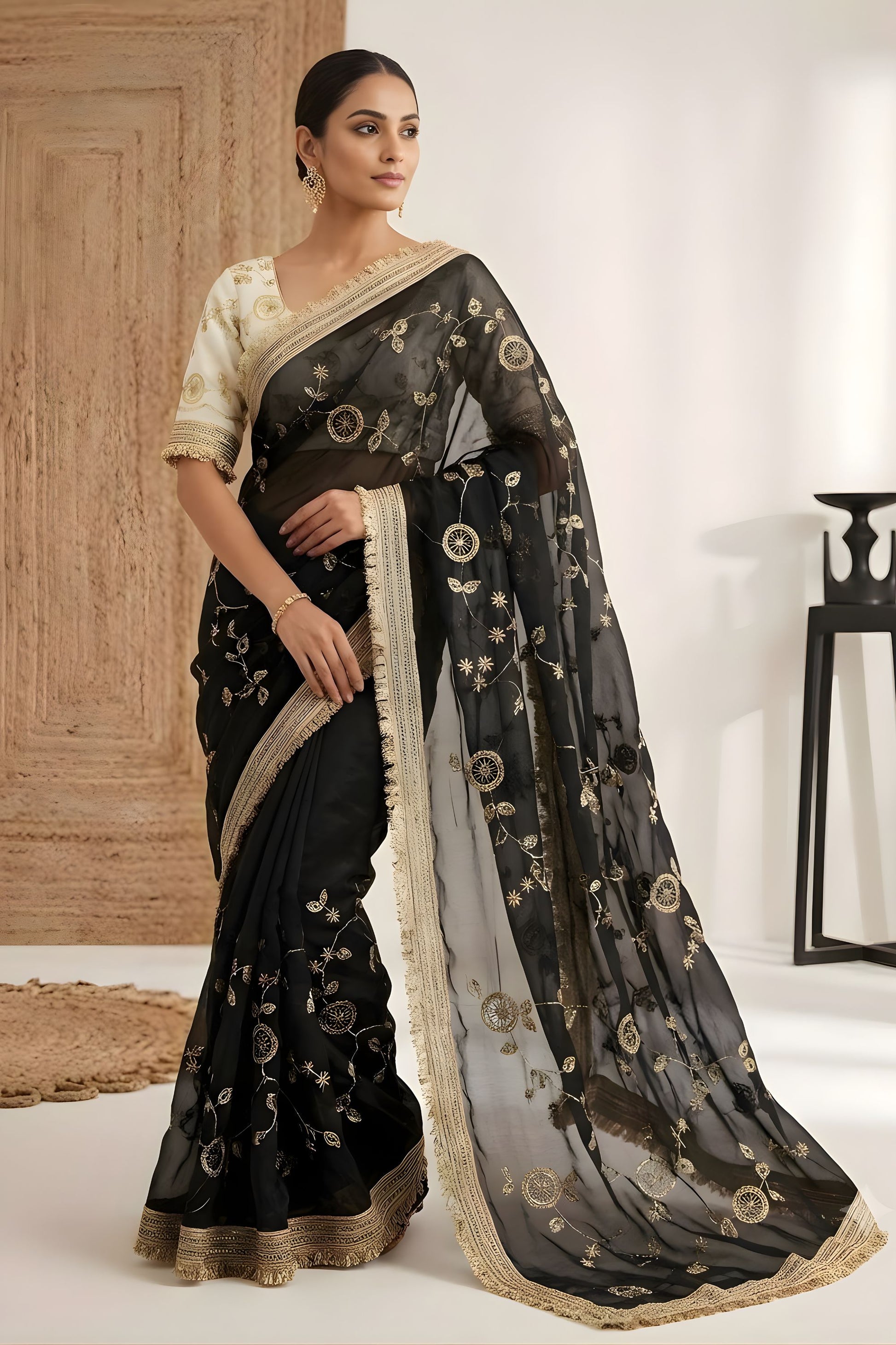Luxury Black Fendy Satin Saree Heavy Embroidery Work Lace Border for Wedding