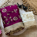 Beautiful Wine Fendy Satin Saree Heavy Embroidery Work Lace Border for Wedding