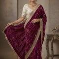 Beautiful Wine Fendy Satin Saree Heavy Embroidery Work Lace Border for Wedding