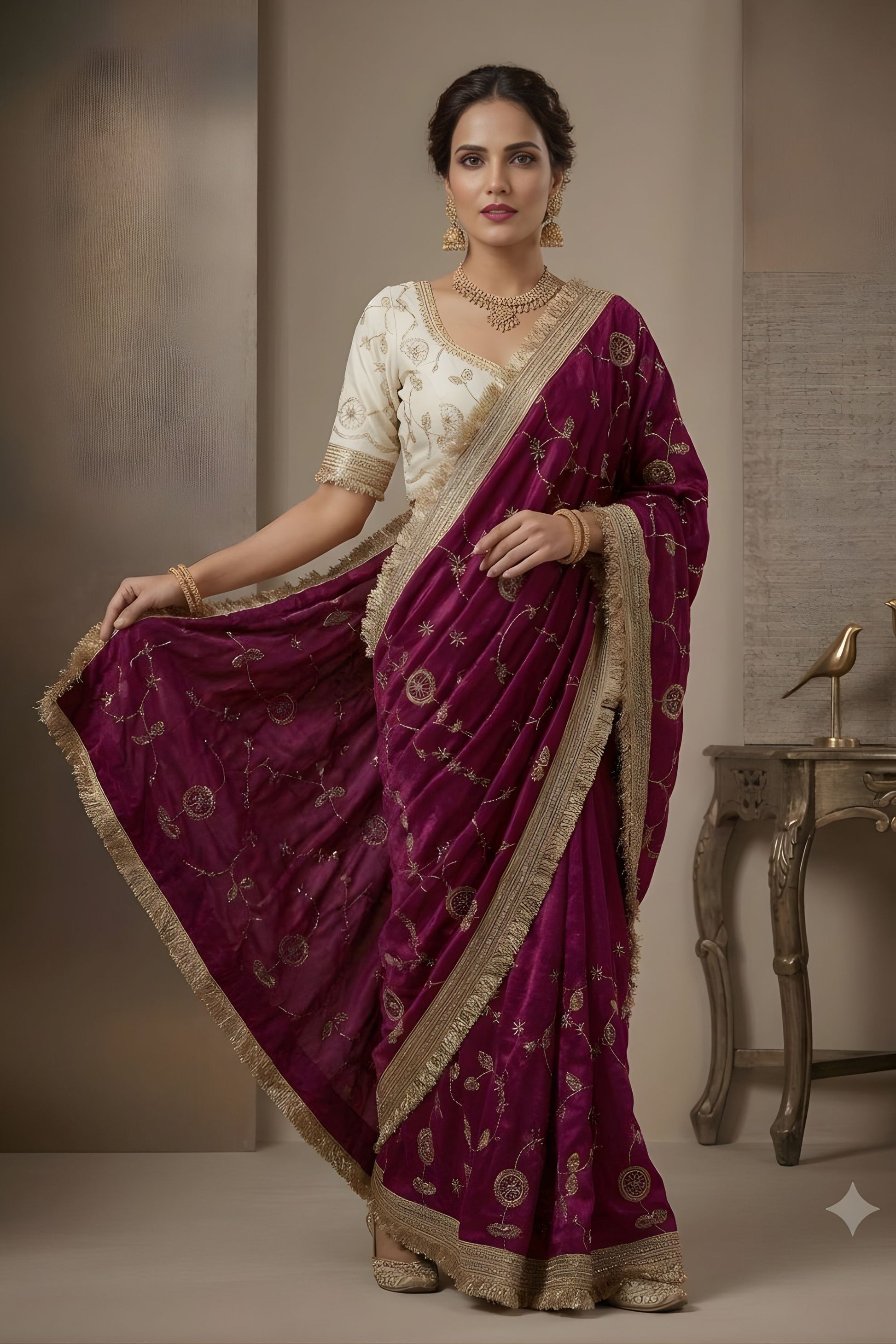 Beautiful Wine Fendy Satin Saree Heavy Embroidery Work Lace Border for Wedding