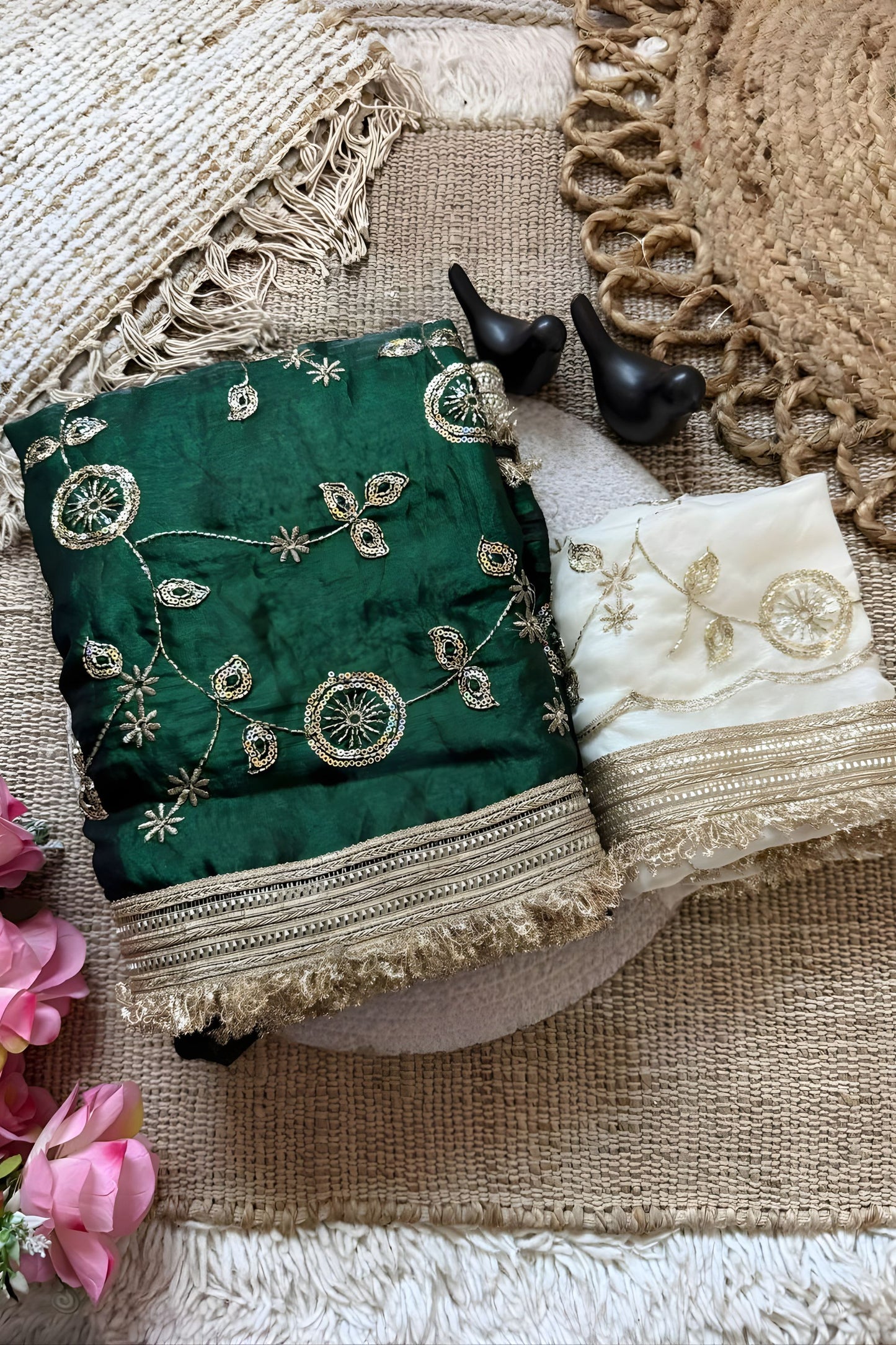 Graceful Emerald Green Fendy Satin Saree Heavy Embroidery Work Lace Border for Wedding