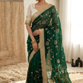 Graceful Emerald Green Fendy Satin Saree Heavy Embroidery Work Lace Border for Wedding