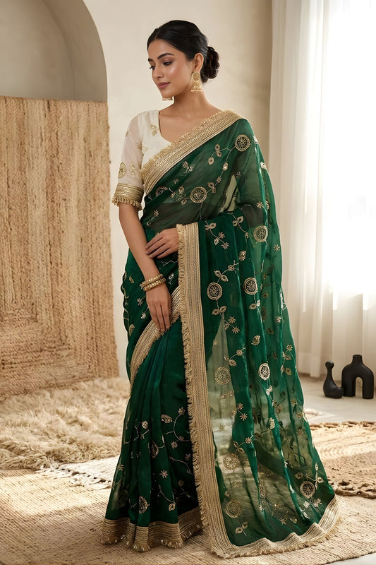 Graceful Emerald Green Fendy Satin Saree Heavy Embroidery Work Lace Border for Wedding