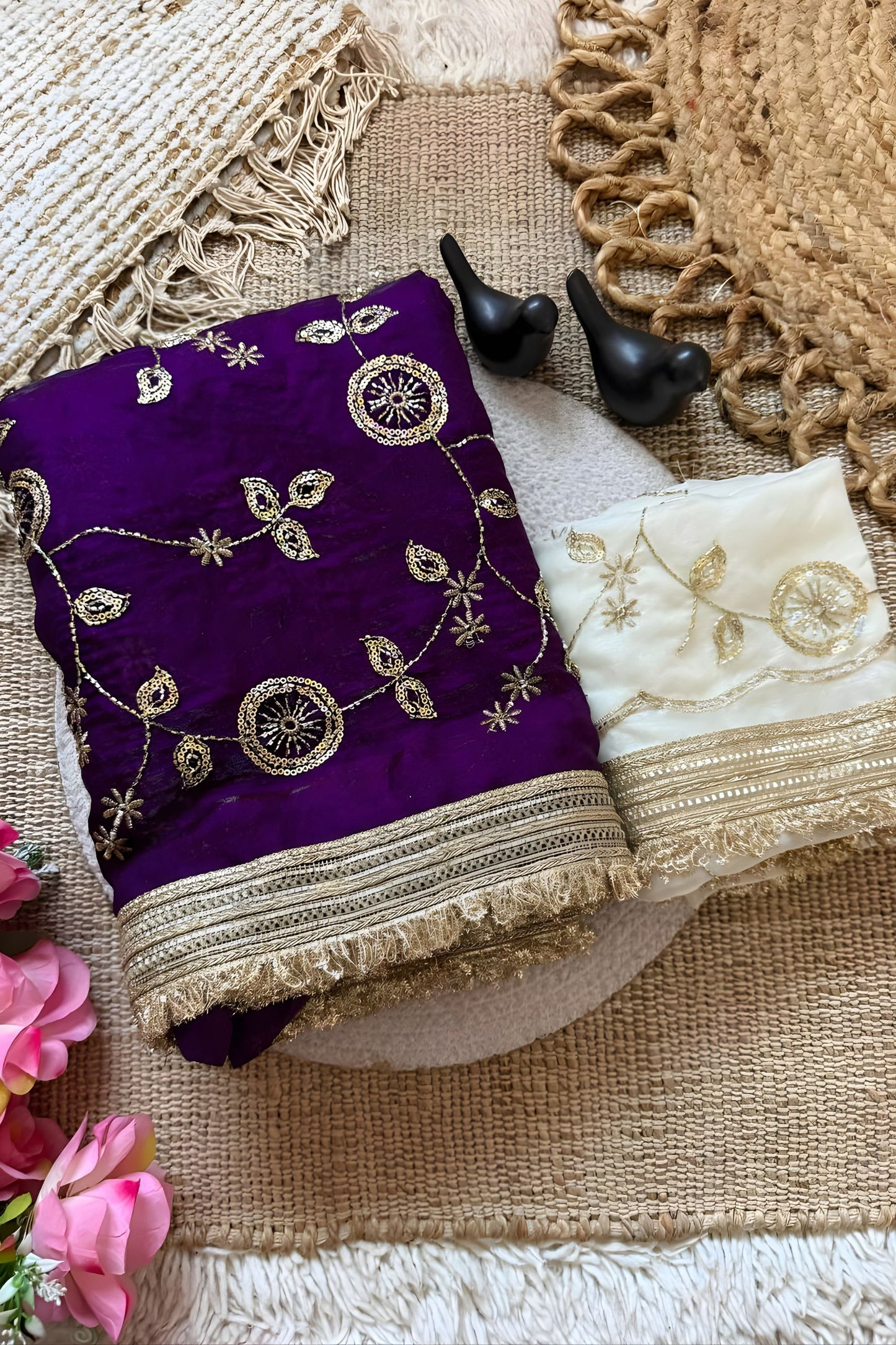 Stylish Purple Fendy Satin Saree Heavy Embroidery Work Lace Border for Wedding