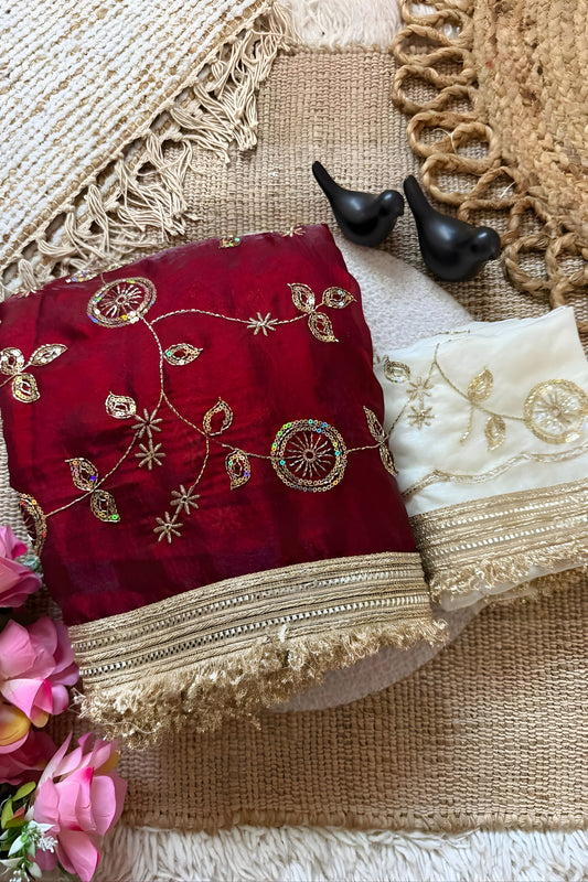 Lovely Wine Fendy Satin Saree Heavy Embroidery Work Lace Border for Wedding