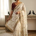 Premium Off White Fendy Satin Saree Heavy Embroidery Work Lace Border for Wedding