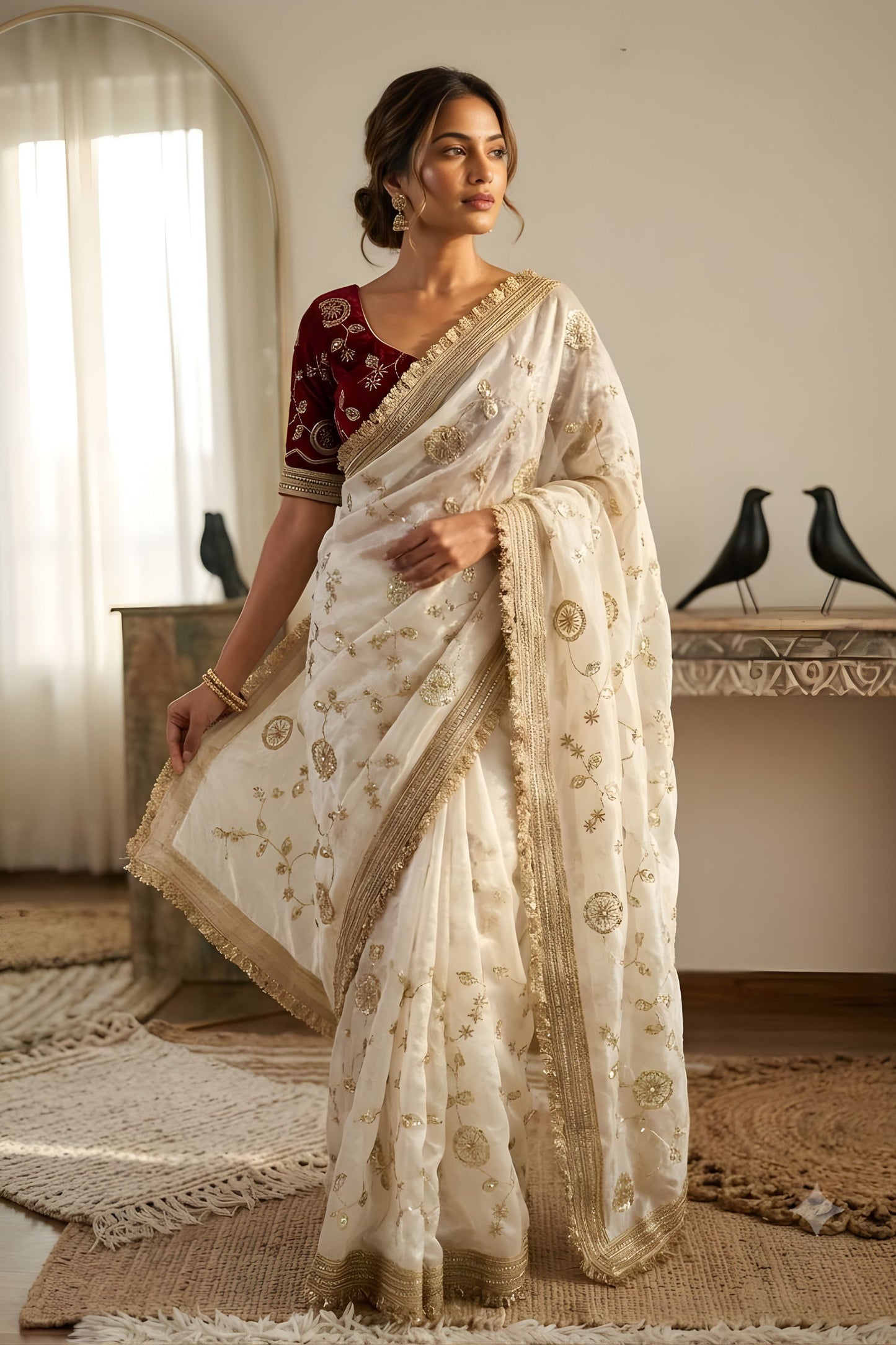 Premium Off White Fendy Satin Saree Heavy Embroidery Work Lace Border for Wedding