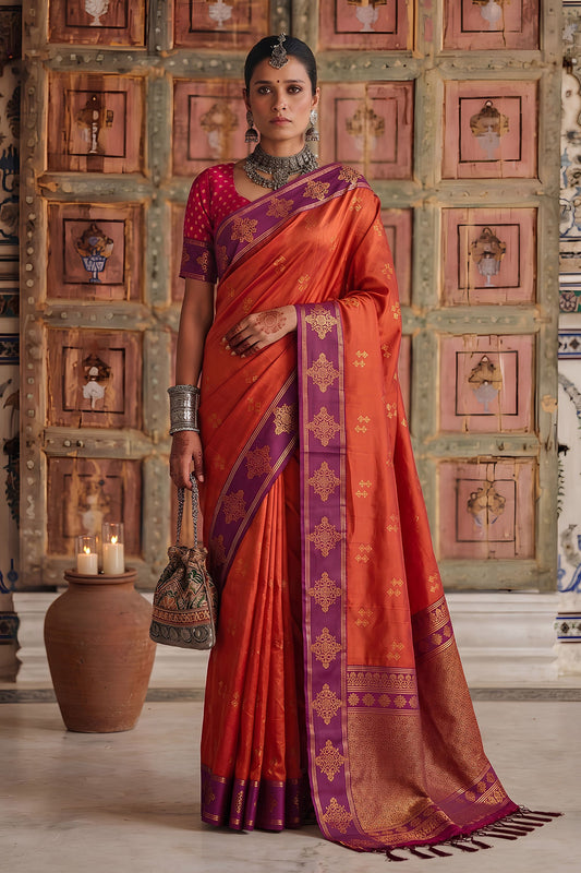 Royal Orange Soft Silk Woven Designer Saree for Women