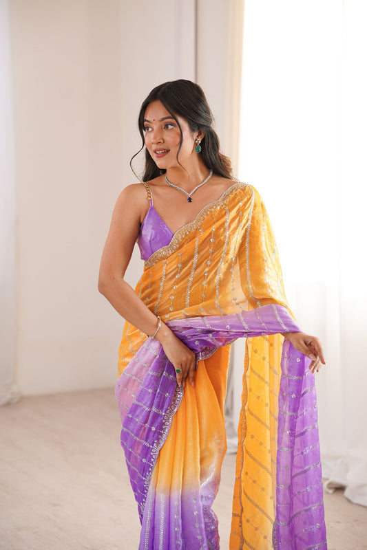 Elegant Mustard Yellow Fendy Satin Embroidery Work Saree for Women