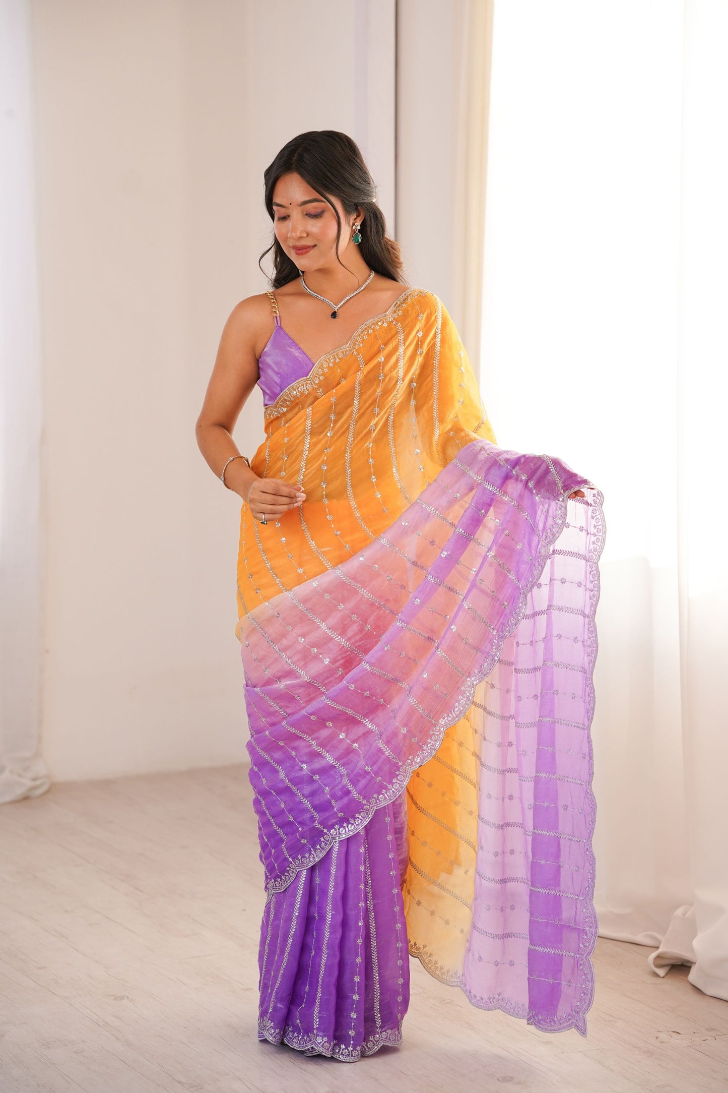 Elegant Mustard Yellow Fendy Satin Embroidery Work Saree for Women