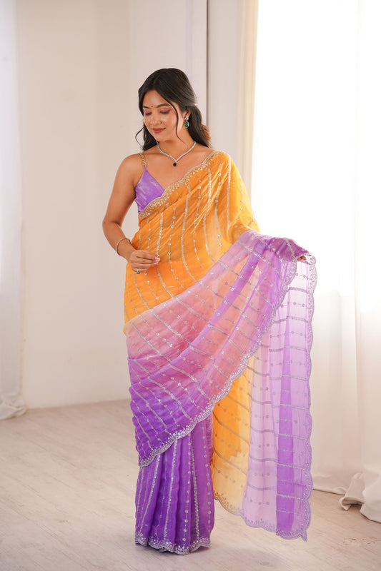 Elegant Mustard Yellow Fendy Satin Embroidery Work Saree for Women