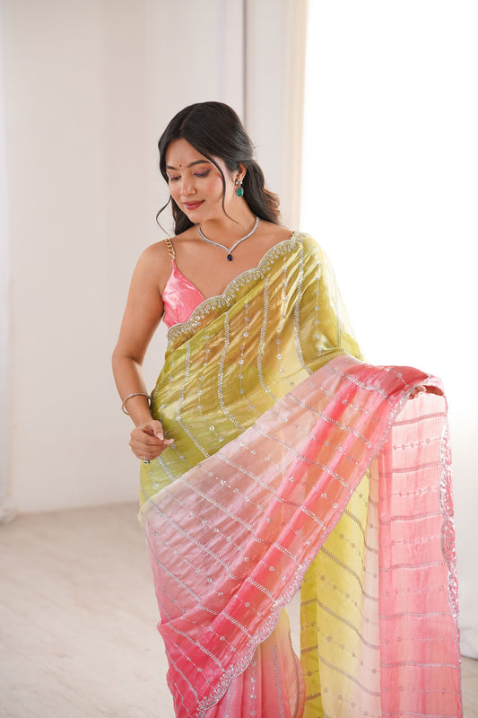 Graceful Green Fendy Satin Traditional Embroidery Saree for Women
