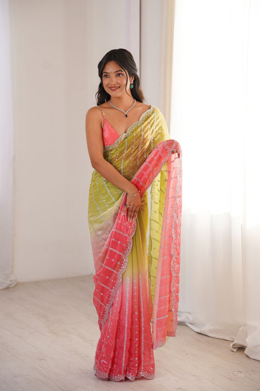 Graceful Green Fendy Satin Traditional Embroidery Saree for Women