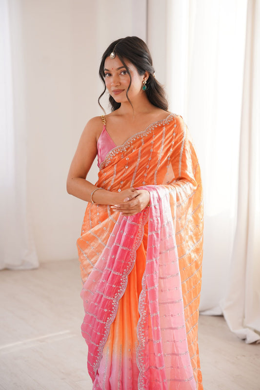 Premium Orange Fendy Satin Embroidery Work Saree for Women