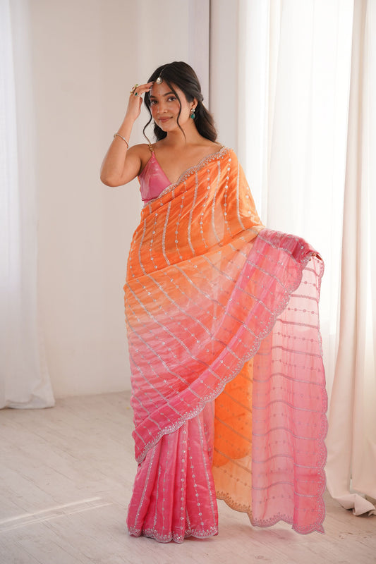 Premium Orange Fendy Satin Embroidery Work Saree for Women